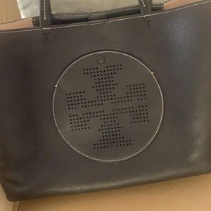 Tory Burch black with white stitch tote